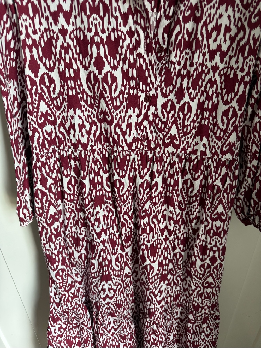Maeve Bettina Tiered Shirt Dress from Anthropologie in a burgundy ikat print.S. - Picture 6 of 11